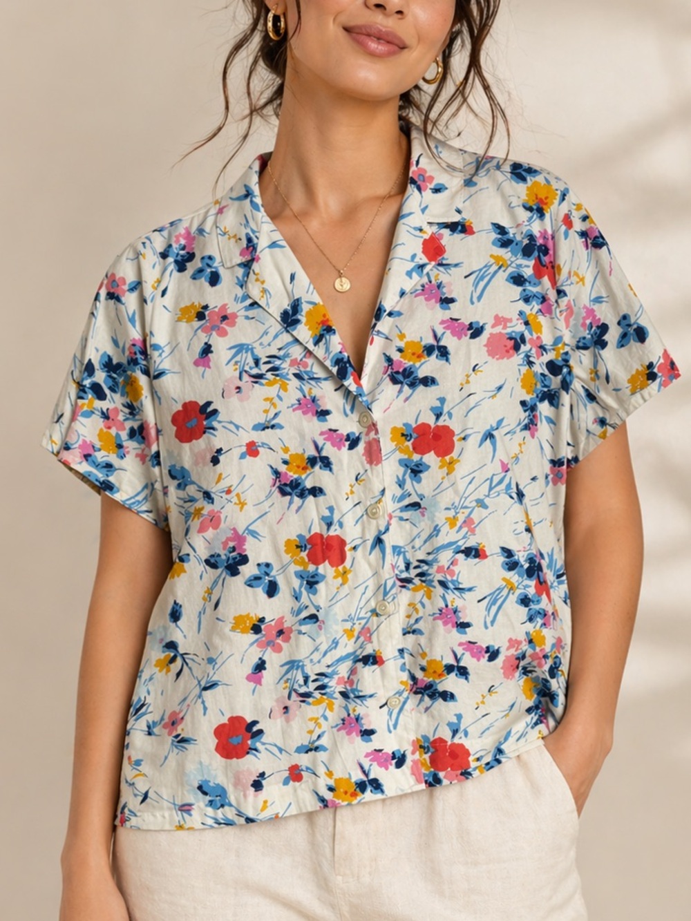 Gap Floral Cotton Button Front Shirt Size M Camp Collar Summer Blouse Coastal
